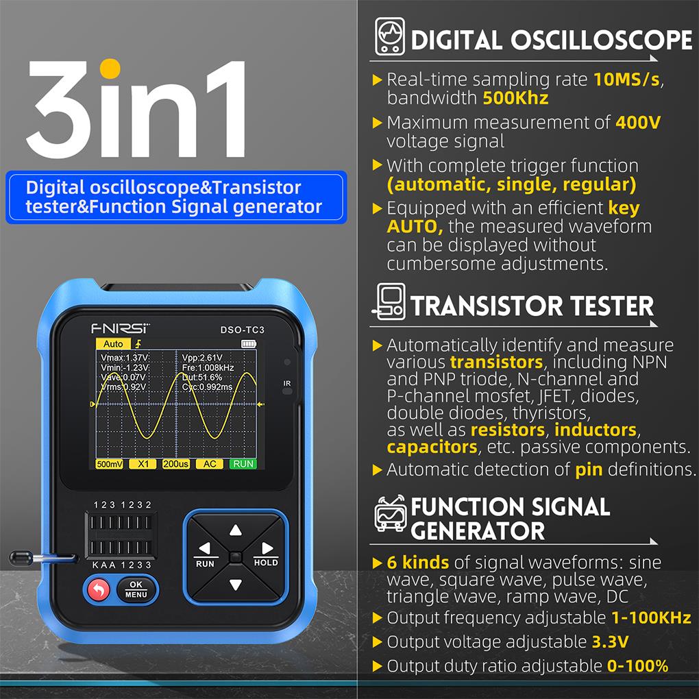 FNIRSI DSO-TC3 3in1 Mini el di - Fnirsi Digital Oscilloscope Handheld incelemesi ve fiyatı